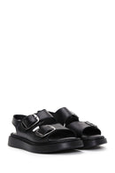 Women's Black Ankle Strap Double Buckle Leather Comfort Sandals | Derimod