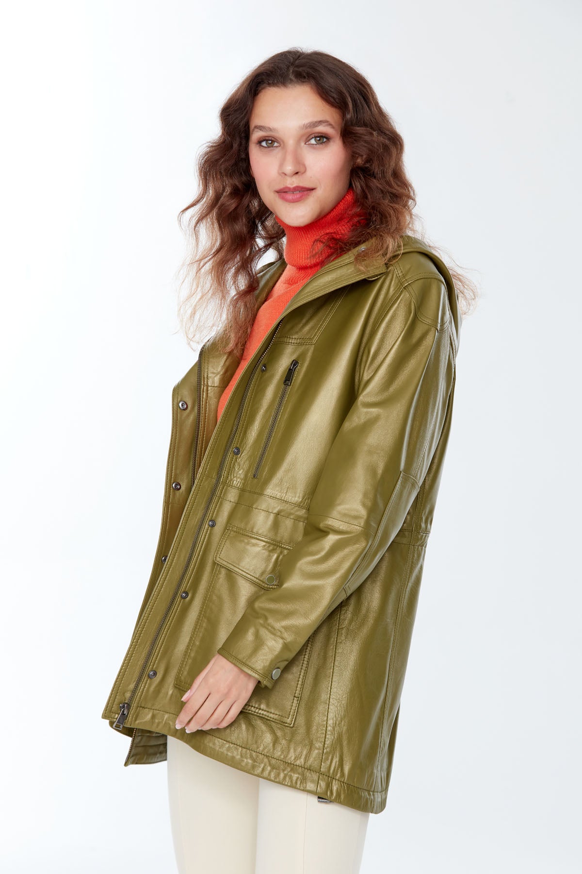 Victoria Women's Khaki Hooded Leather Coat 22WGD5025U4 | Derimod