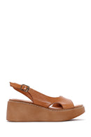 Women's Tan Ankle Strap Wedge Heeled Leather Comfort Sandals | Derimod