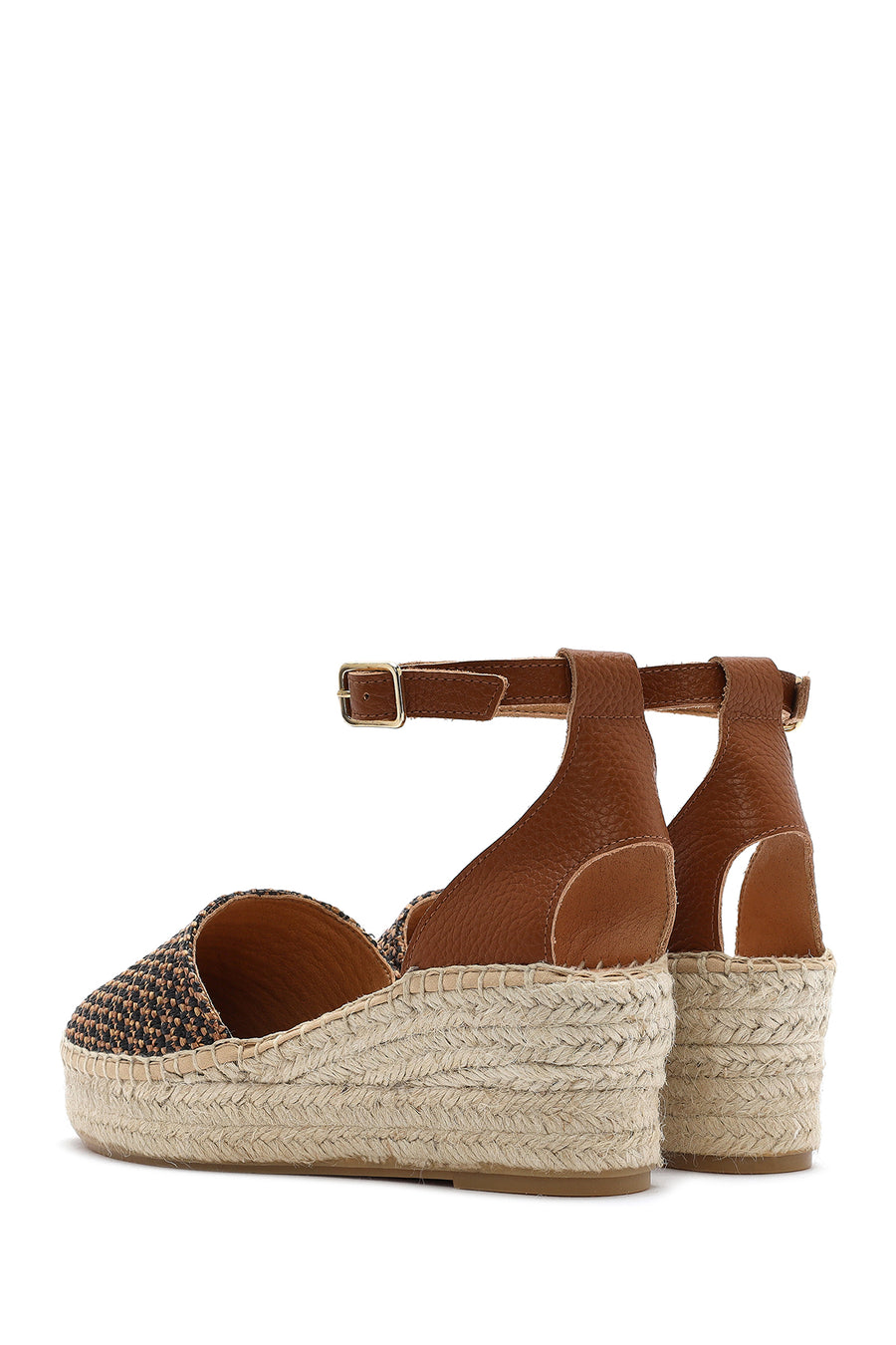 Women's Tan Ankle Buckle Wedge Heeled Straw Leather Espadrille Sandals