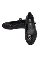 Women's Black Stone Leather Ballet Flats | Derimod