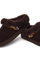 Woman Brown Stone-Embellished Suede Teddy Slipper | Derimod