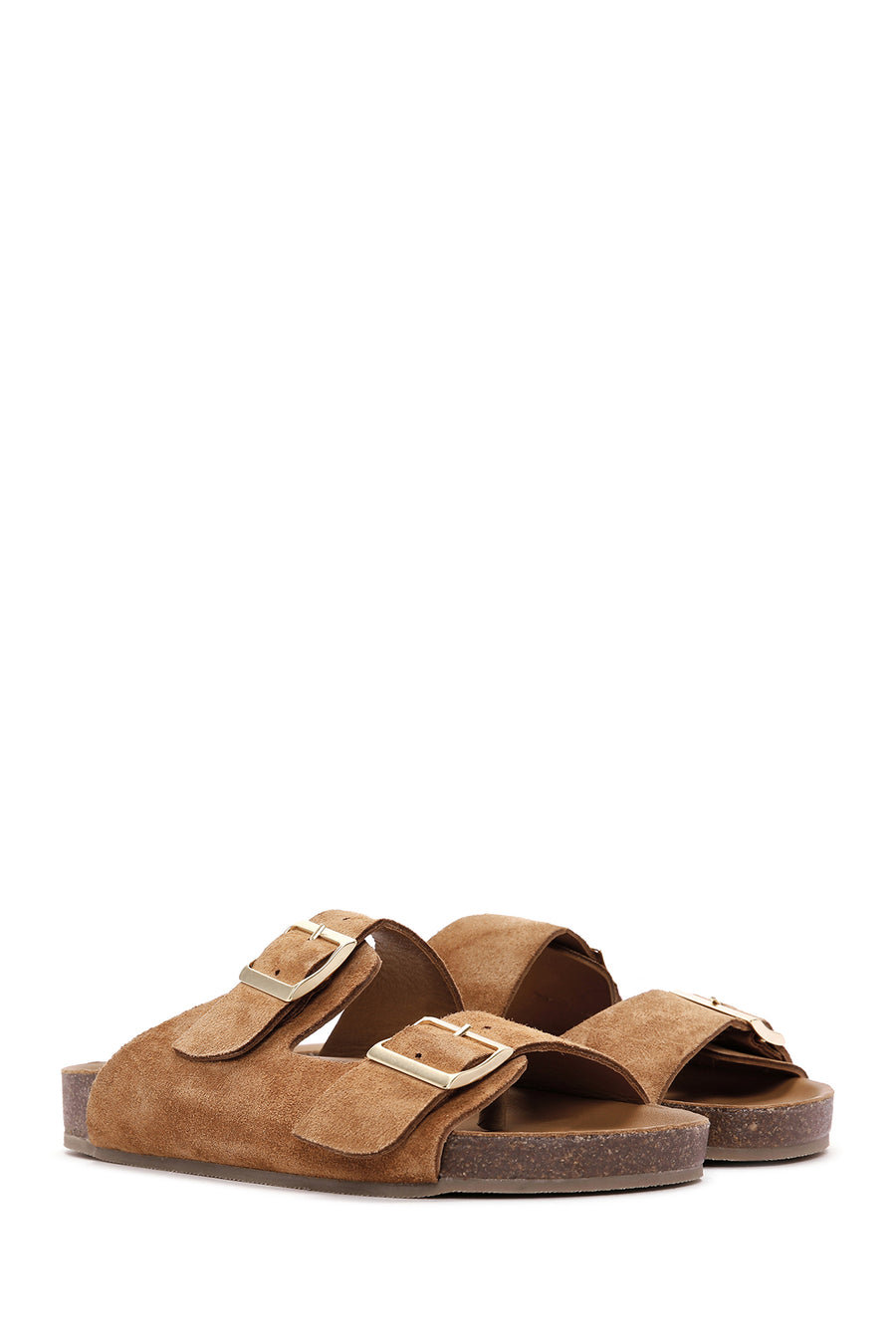 Women's Tan Double Buckle Suede Leather Slippers