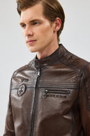 Kawhi Men's Brown Slim-Fit Embroidered Leather Coat | Derimod