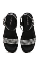 Women's Black Thick Soled Stone Flat Sandals | Derimod