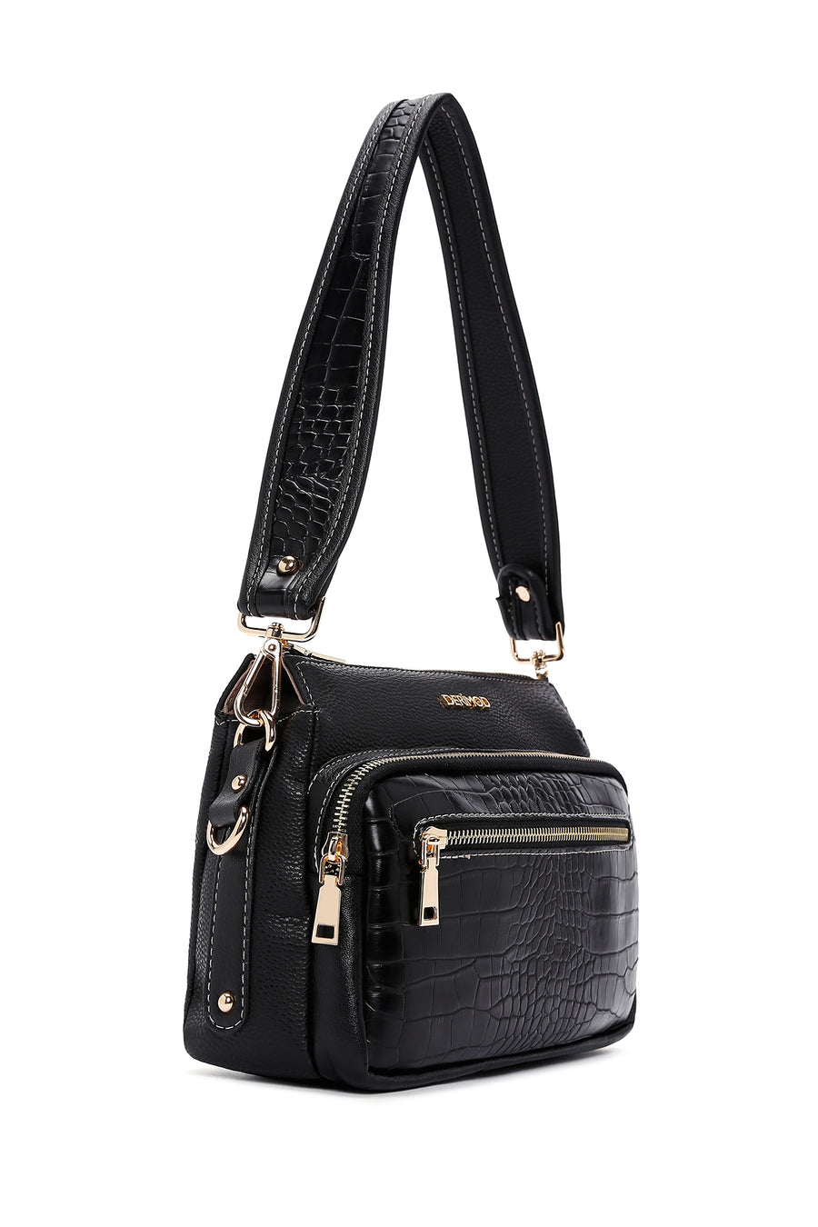Women's Black Long Strap Patterned Crossbody Bag