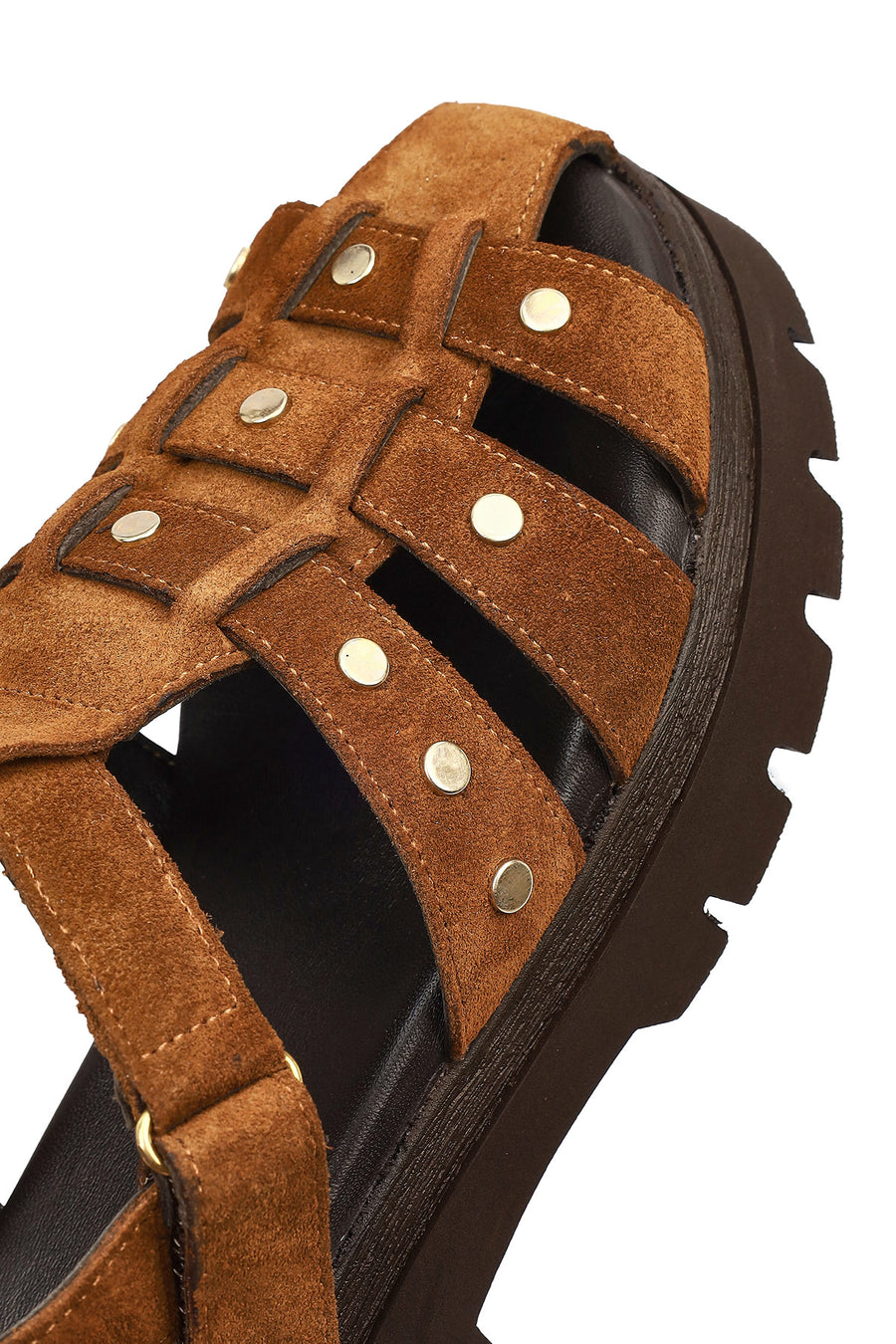 Woman Tan Strappy Thick-Soled Suede Leather Sandals