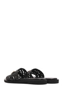 Women's Black Knit Leather Slippers | Derimod