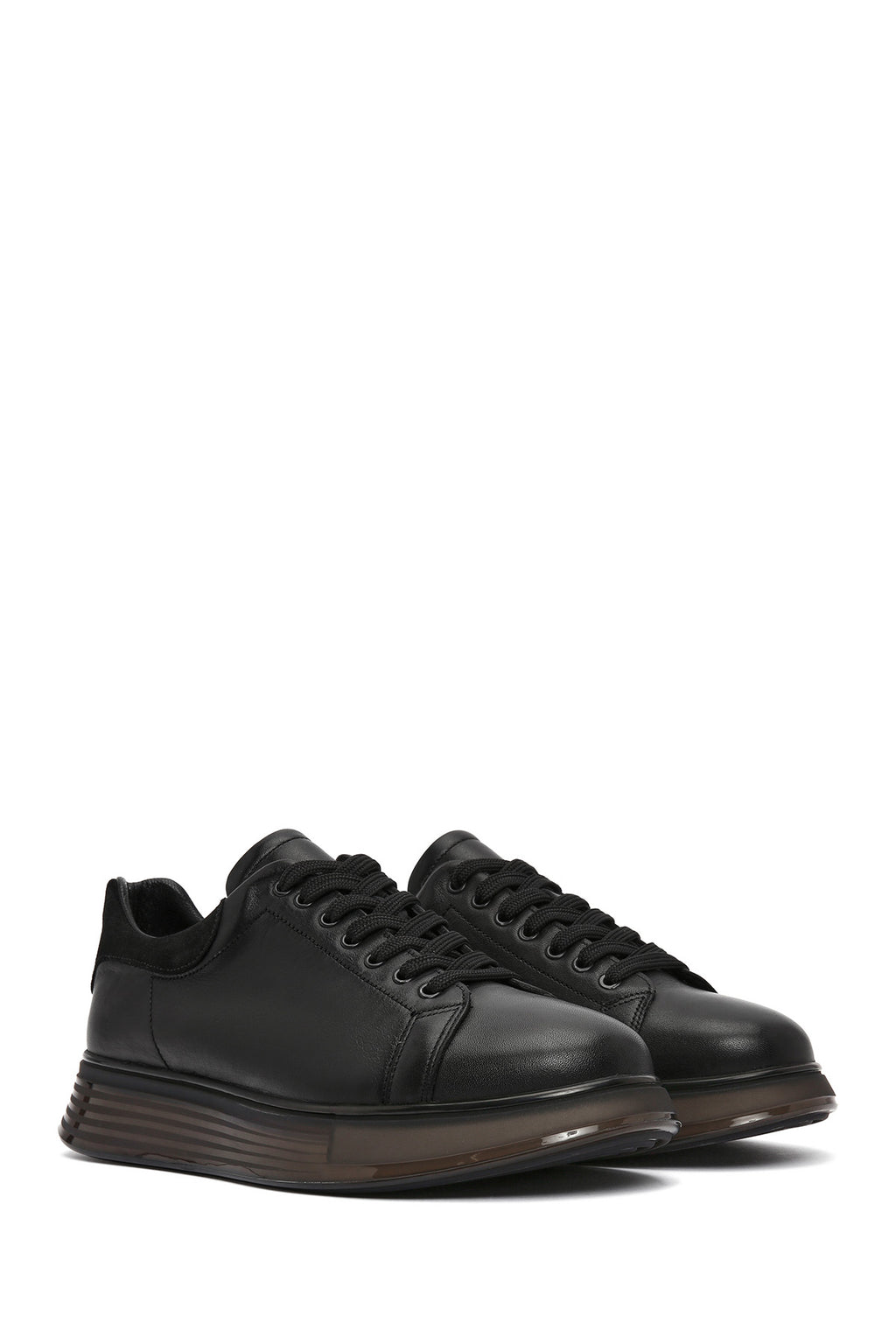 Erkek Siyah Bağcıklı Kalın Tabanlı Deri Sneaker