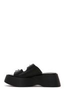 Women's Black Leather Double Buckle Thick Soled Slippers | Derimod