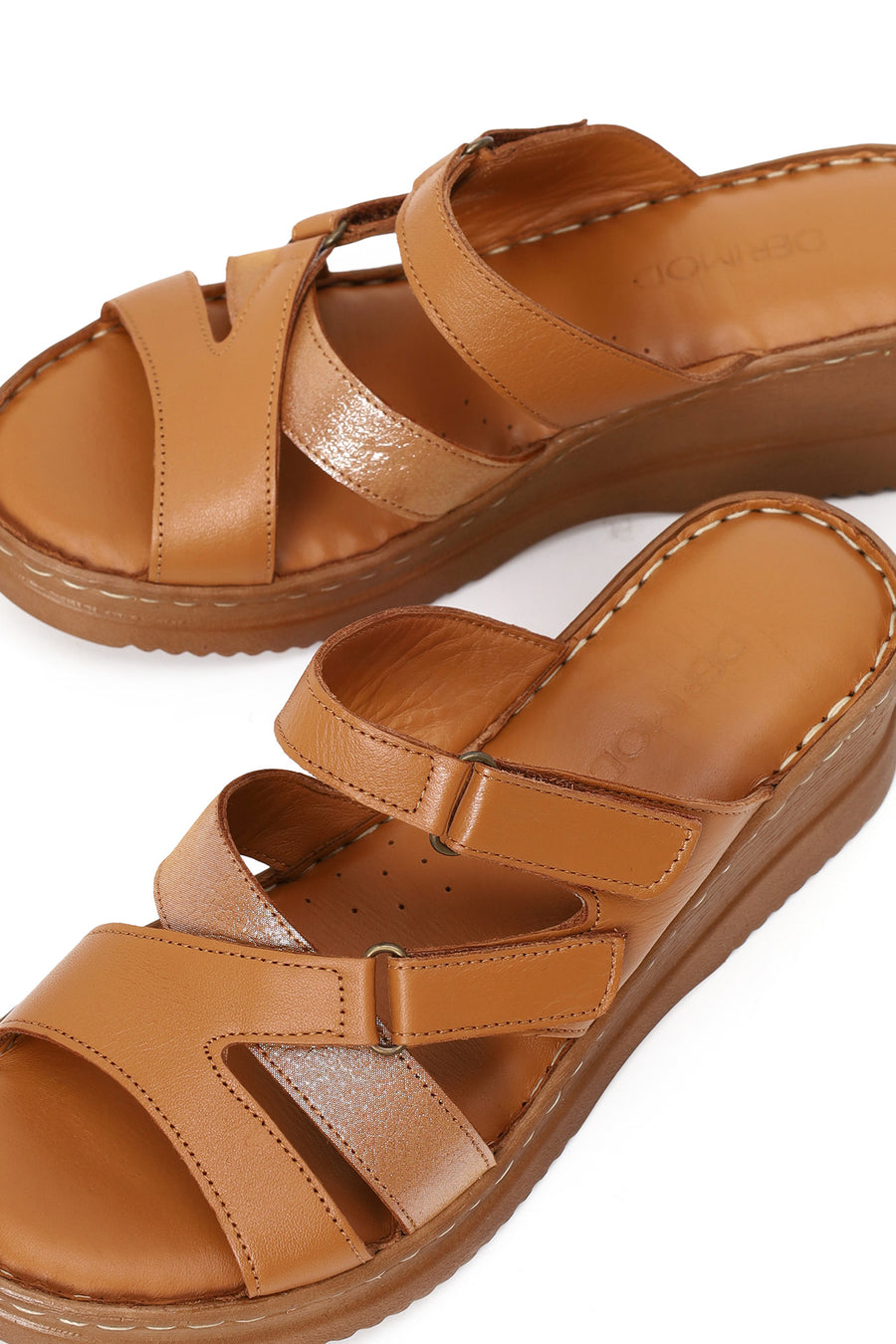 Woman Tan Wedge Heel Leather Comfort Slipper