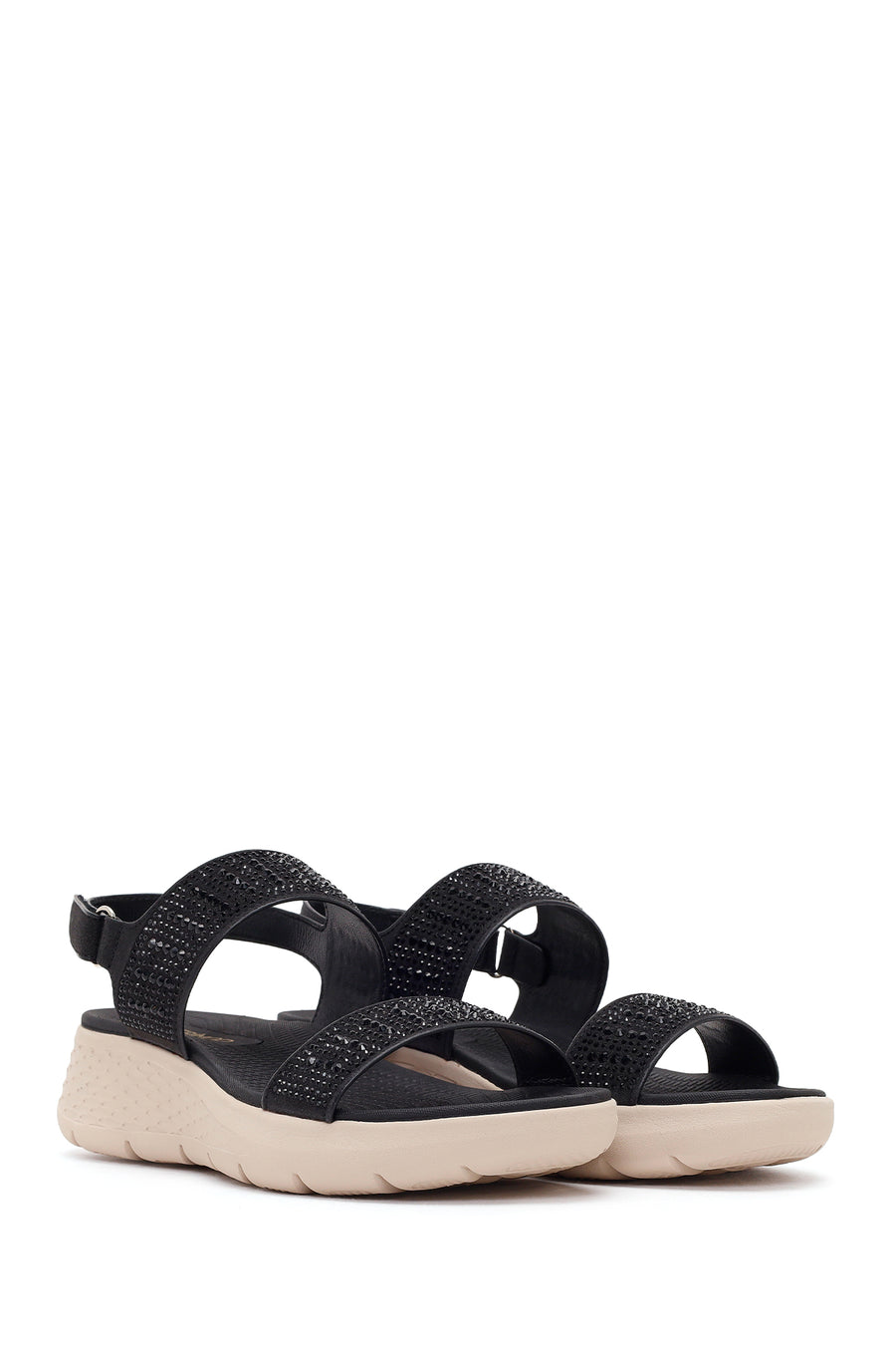 Women's Black Chunky Sole Embellished Fabric Comfort Sandals