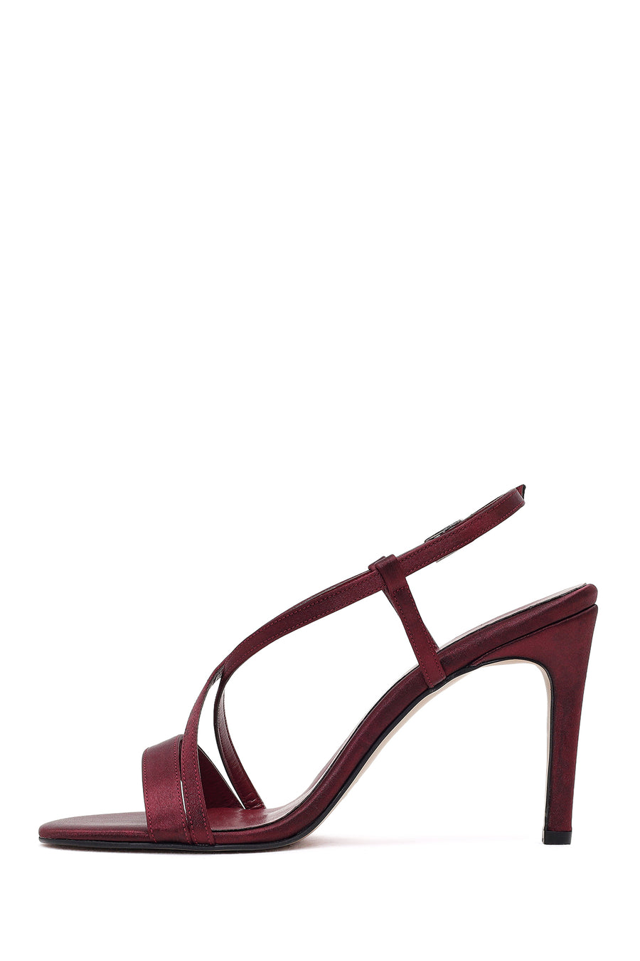 Women's Burgundy Ankle Buckle High Heeled Satin Sandals