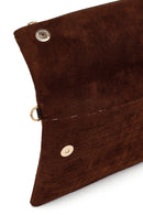 Woman Brown Printed Suede Clutch Bag with Long Chain Strap | Derimod