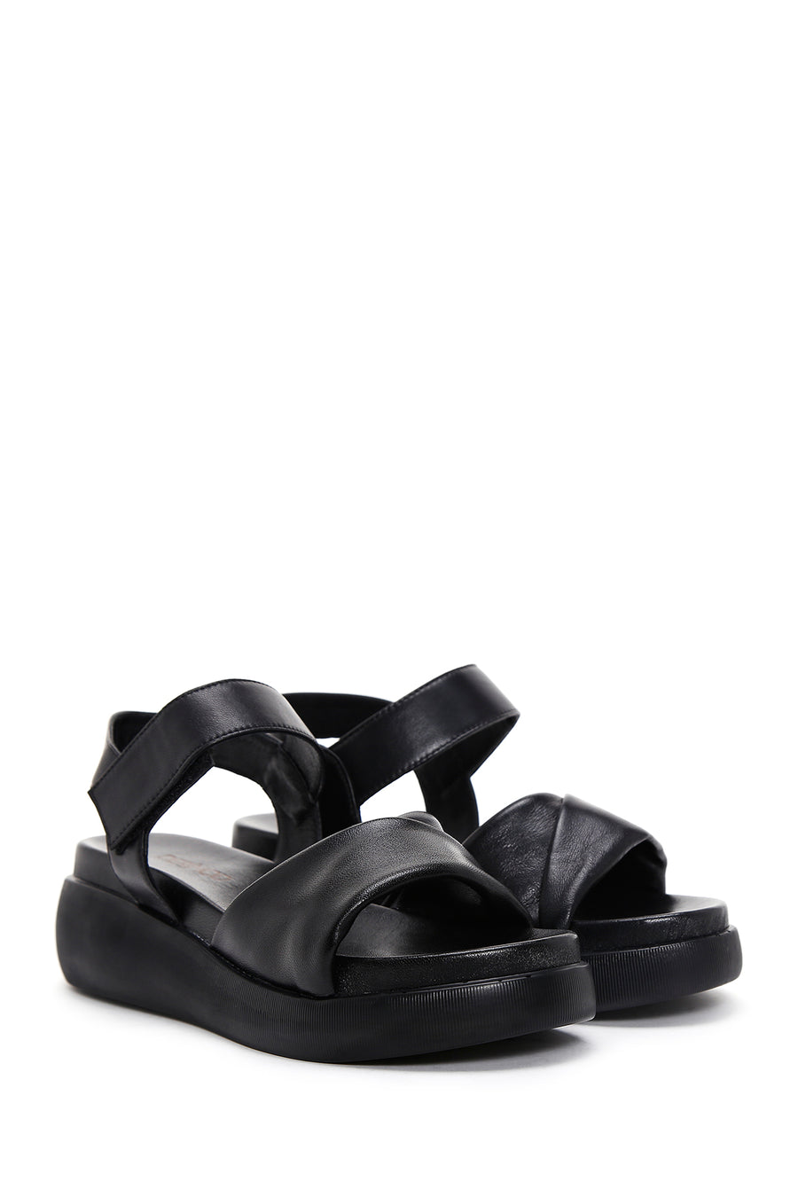 Women's Black Ankle Strap Thick-Sole Leather Sandals