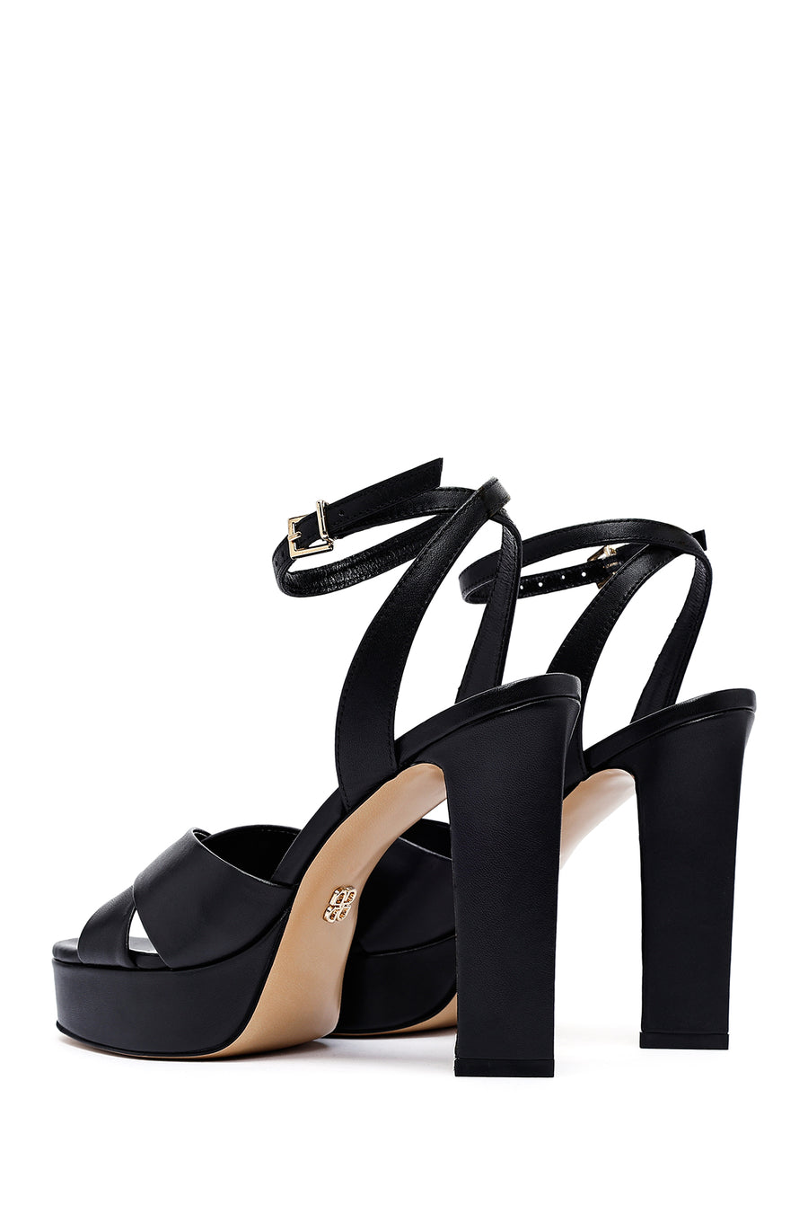 Women's Black Ankle Buckle Platform High Thick Heel Leather Sandals