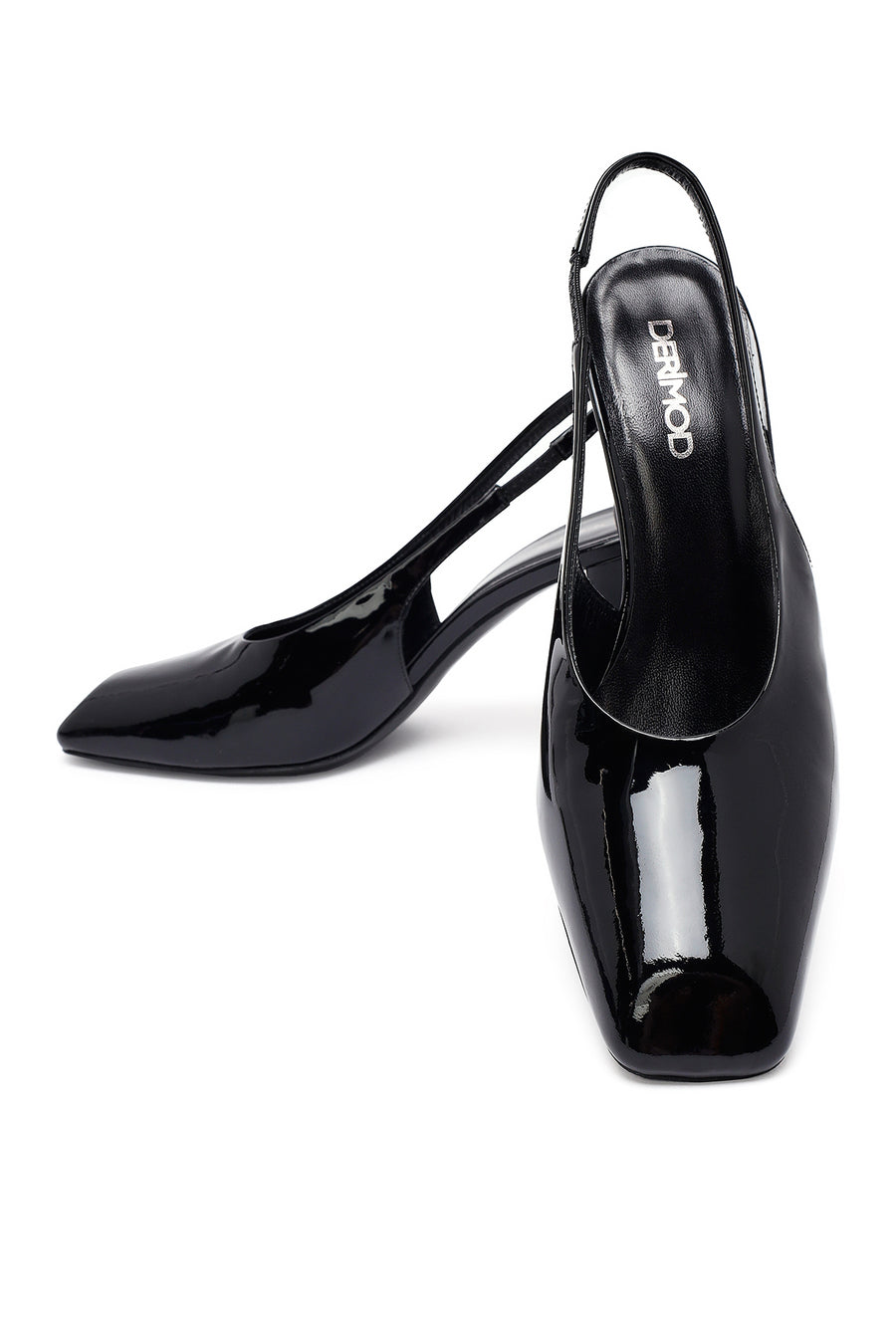 Woman Black Patent Leather Slingback Thick Heel Leather Shoe