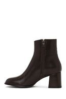 Woman Brown Zip Closure Chunky Heeled Leather Boots | Derimod