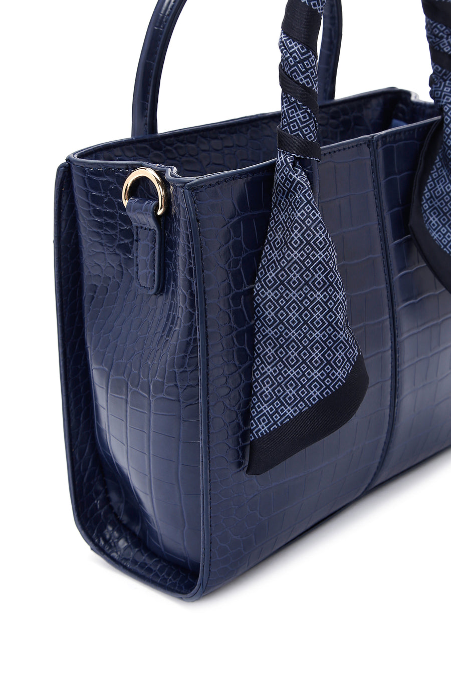 Women's Navy Blue Long Strap Crocodile Patterned Handbag with Accessory Detail