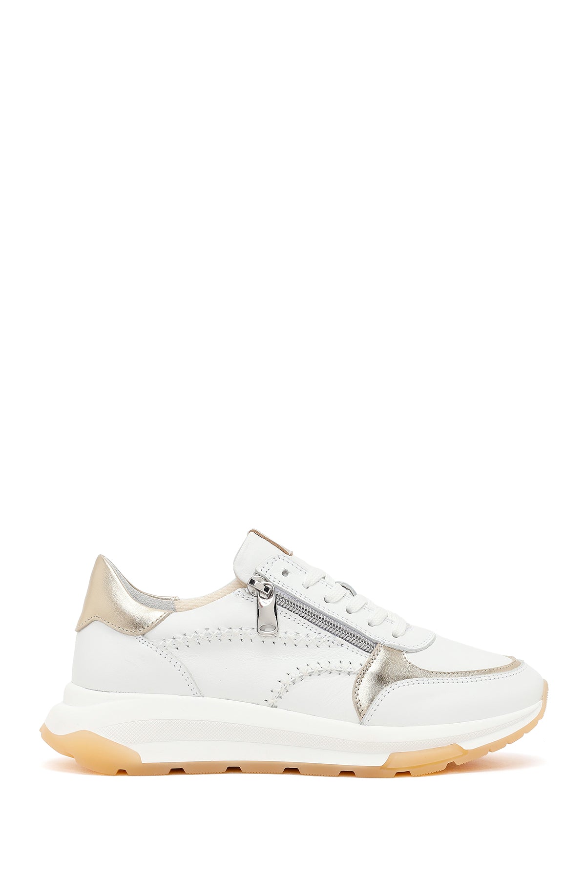 Woman White Lace-Up Zip Closure Thick-Soled Leather Sneaker 26SFD371818 | Derimod