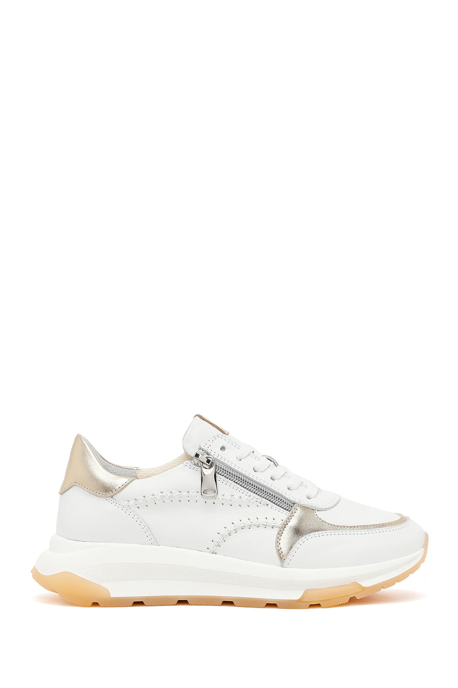 Woman White Lace-Up Zip Closure Thick-Soled Leather Sneaker 26SFD371818 | Derimod