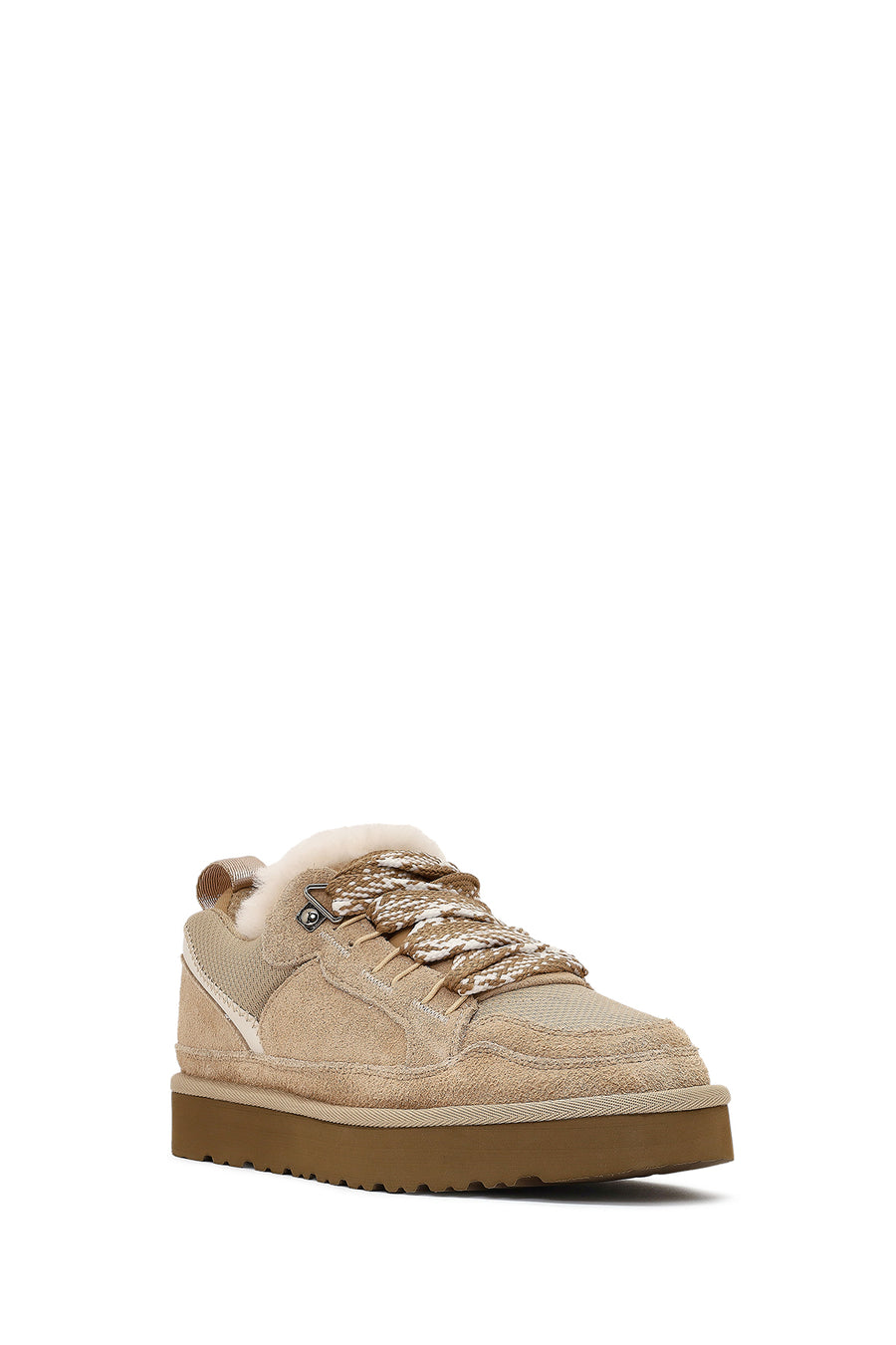 Woman Beige Lace-Up Thick-Soled Furry Suede Teddy Sneaker