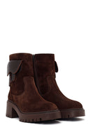 Woman Brown Zip Closure Chunky-Heeled Suede Leather Boots | Derimod