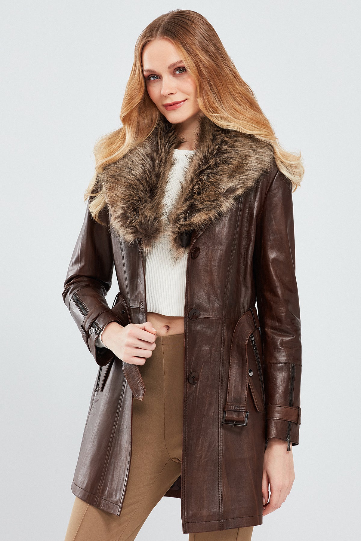 Rhoda Women's Brown Fur Leather Trench Coat 20WGE5886NC | Derimod