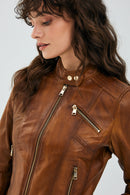 Kylie Women's Camel Short Leather Jacket | Derimod