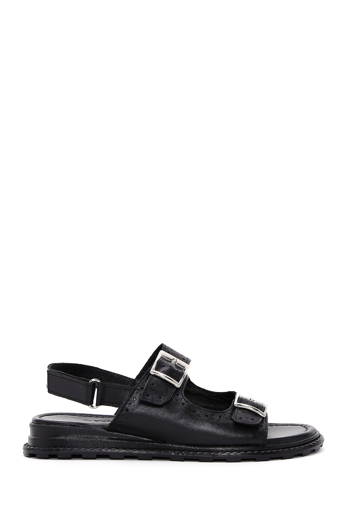 Women's Black Leather Buckle Flat Sandals 23SFD350218 | Derimod