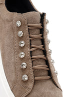 Women's Grey Lace-Up Stone Detailed Suede Leather Sneakers | Derimod