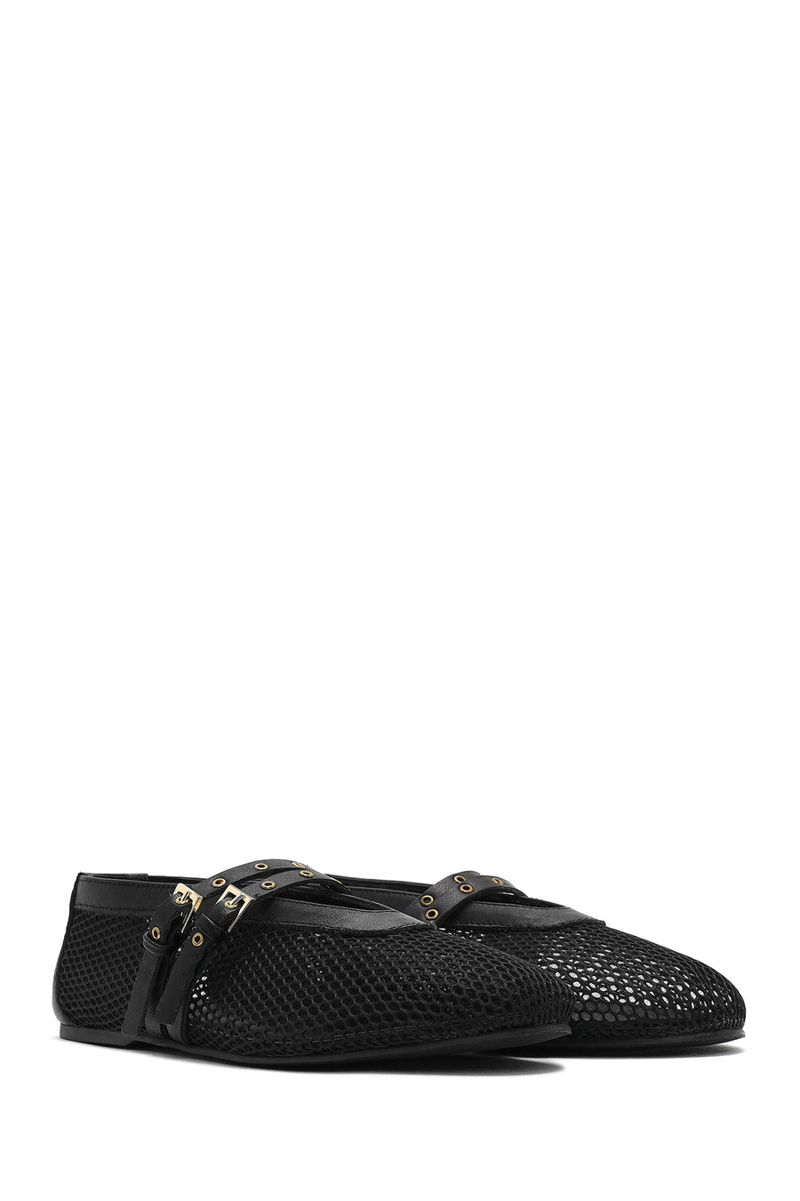 Women's Black Buckled Mesh Fabric Ballerinas