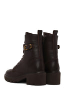 Woman Brown Zip Closure Thick-Heeled Leather Combat Boots | Derimod