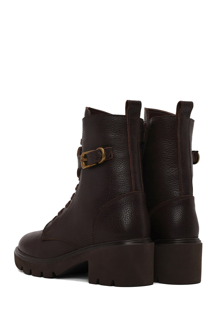Woman Brown Zip Closure Thick-Heeled Leather Combat Boots
