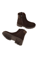Woman Brown Double Zip Closure Suede Boots | Derimod