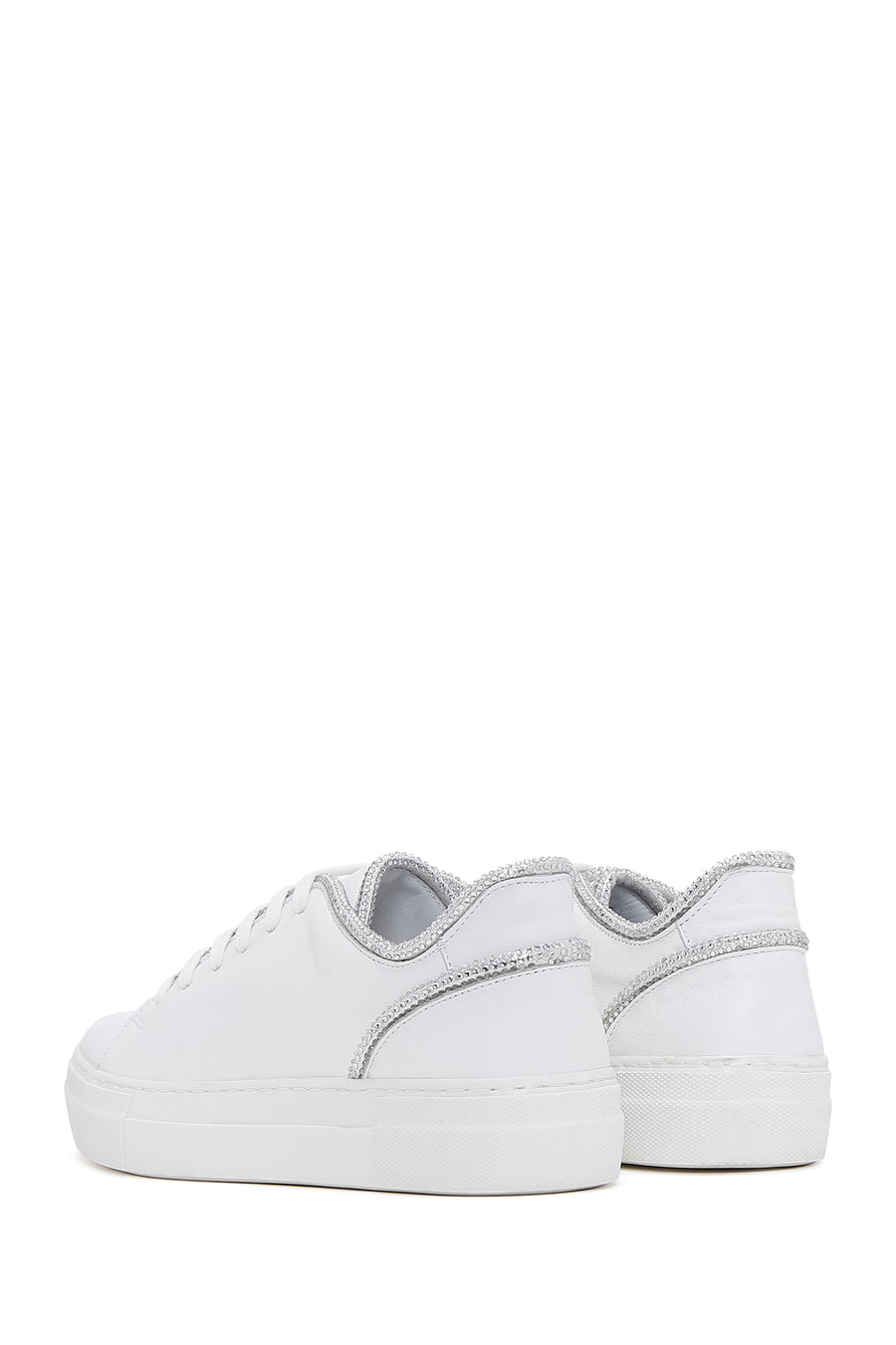Women's White Lace-Up Stoned Leather Sneakers