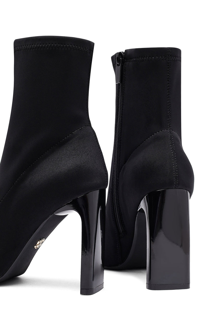 Woman Black Zip Closure High Thick Heeled Fabric Boots