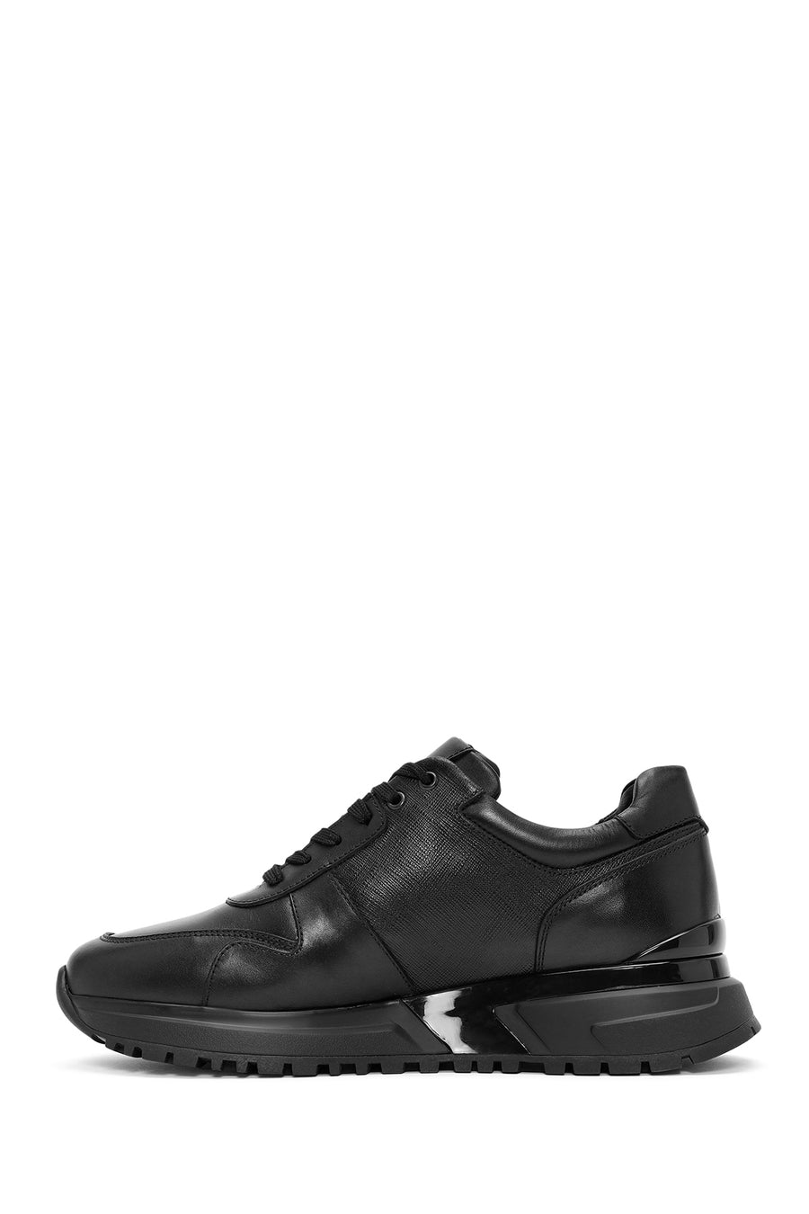 Erkek Siyah Bağcıklı Kalın Tabanlı Deri Sneaker