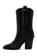 Women's Black Thick Heeled Leather Cowboy Boots | Derimod