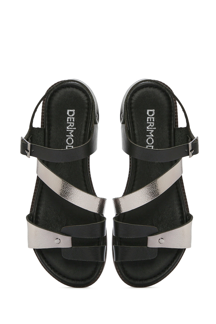 Women's Black Buckled Metallic Leather Bodrum Sandals