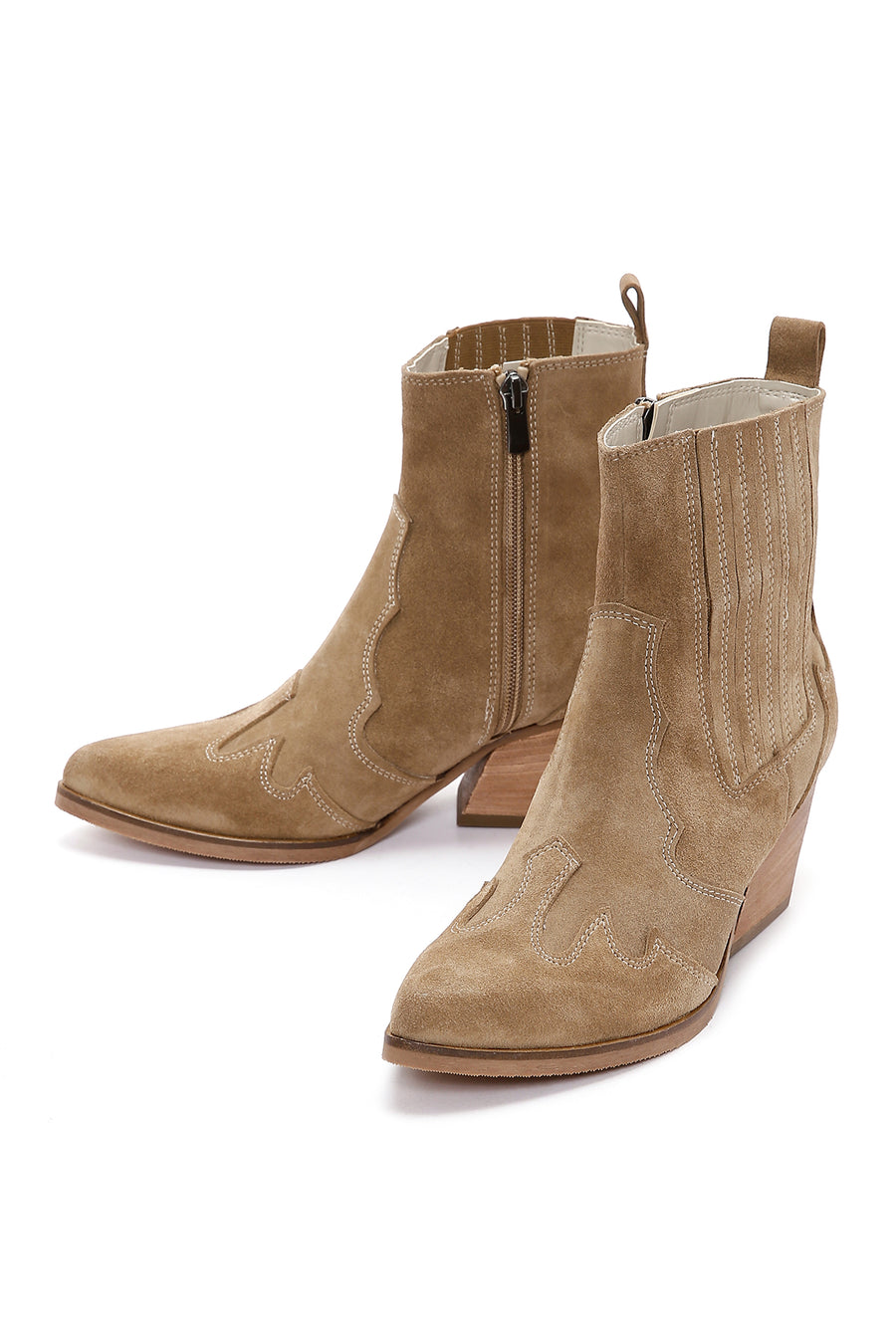 Women's Beige Suede Leather Heeled Cowboy Western Boots