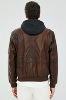 Garry Men's Cognac Hooded Leather Coat | Derimod