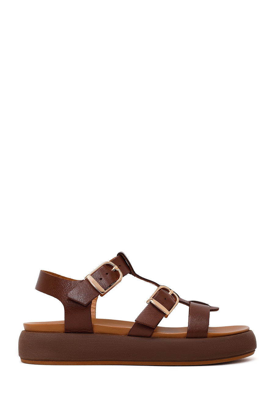 Woman Brown Buckled Thick-Soled Leather Sandal 26SFD550318 | Derimod