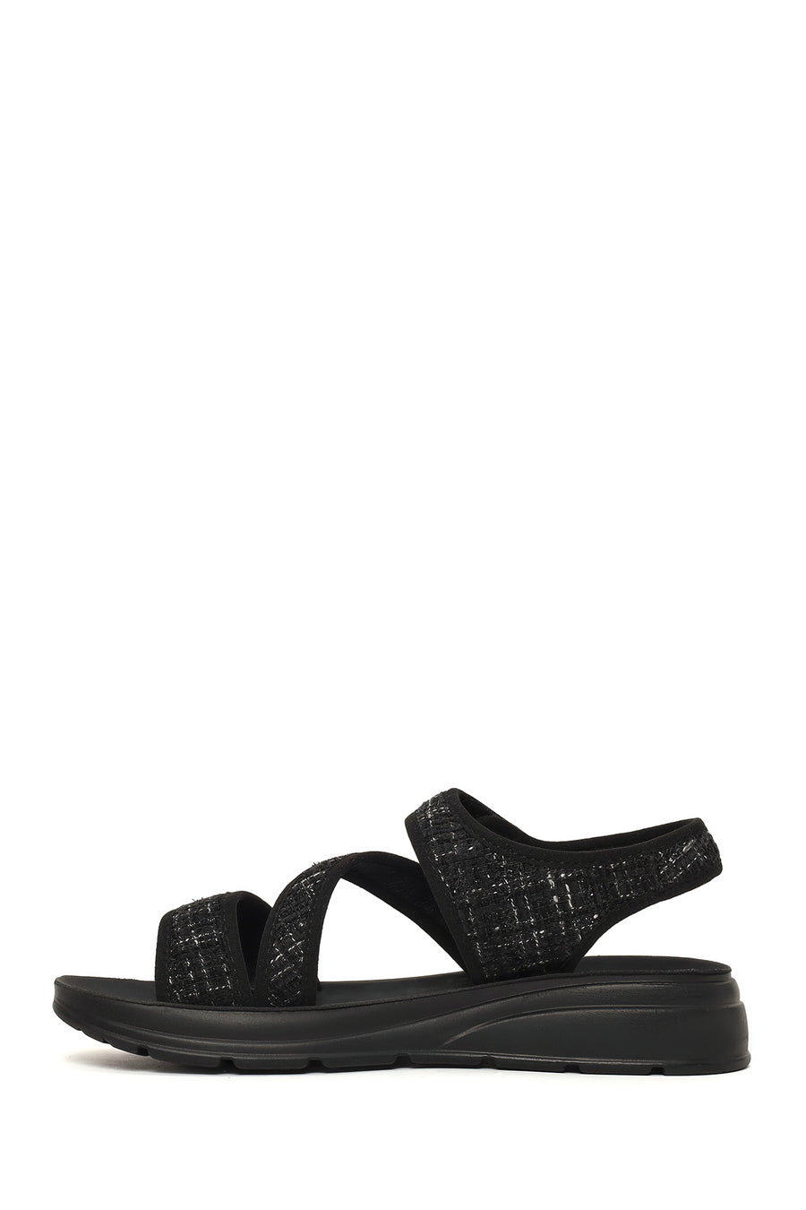 Women's Black Thick-Soled Patterned Fabric Sandals