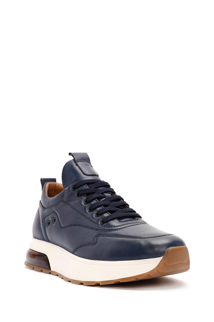 Erkek Lacivert Bağcıklı Kalın Tabanlı Deri Sneaker