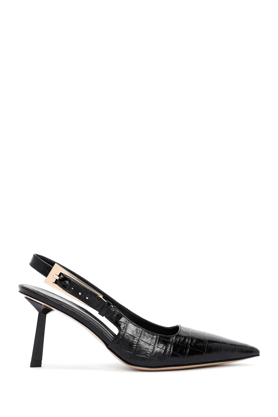 Women's Black Crocodile Patterned Open Back Thin Heeled Leather Shoes