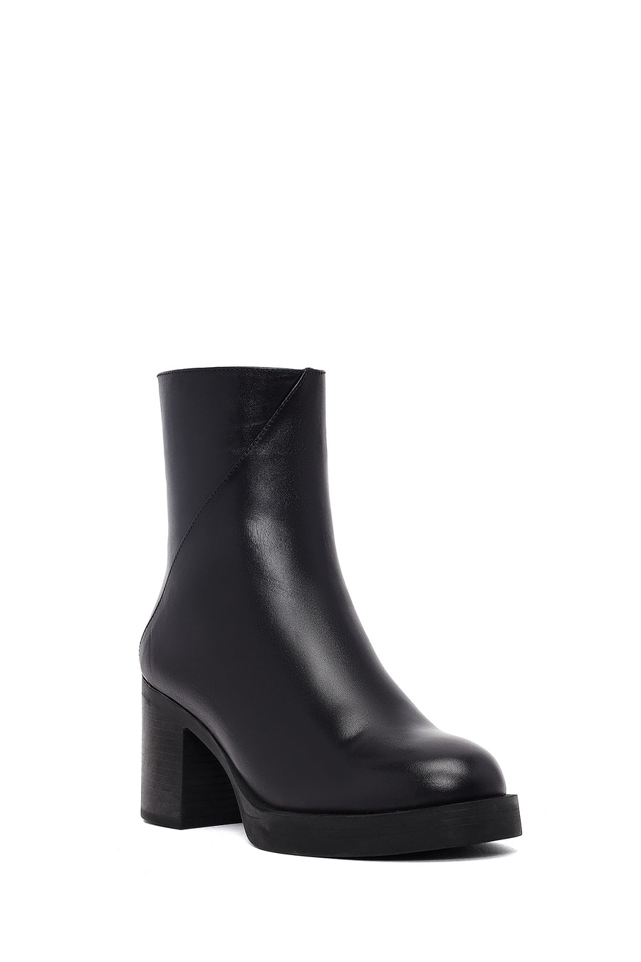 Woman Black Zip Closure Thick-Heeled Leather Boots
