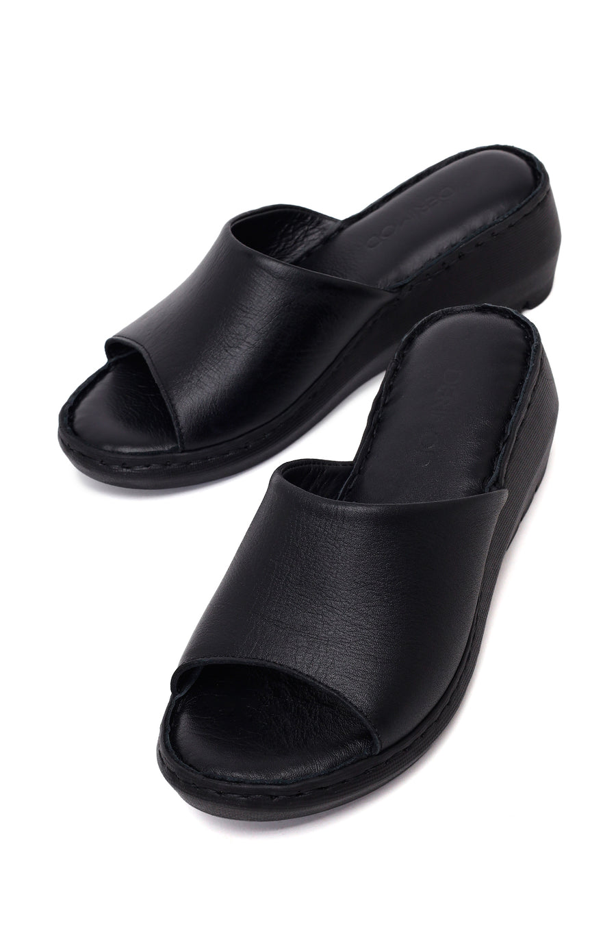 Woman Black Wedge Heel Leather Comfort Slipper