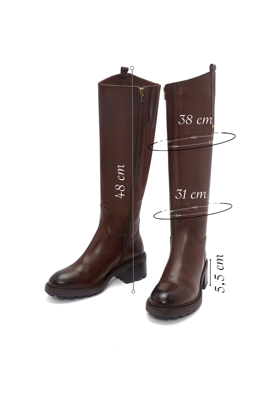 Women's Brown Zippered Low Heel Leather Boots