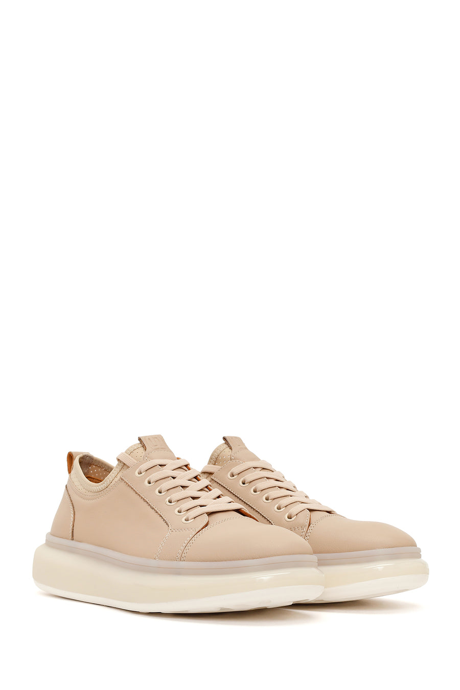 Men's Beige Lace-Up Thick-Sole Leather Sneaker